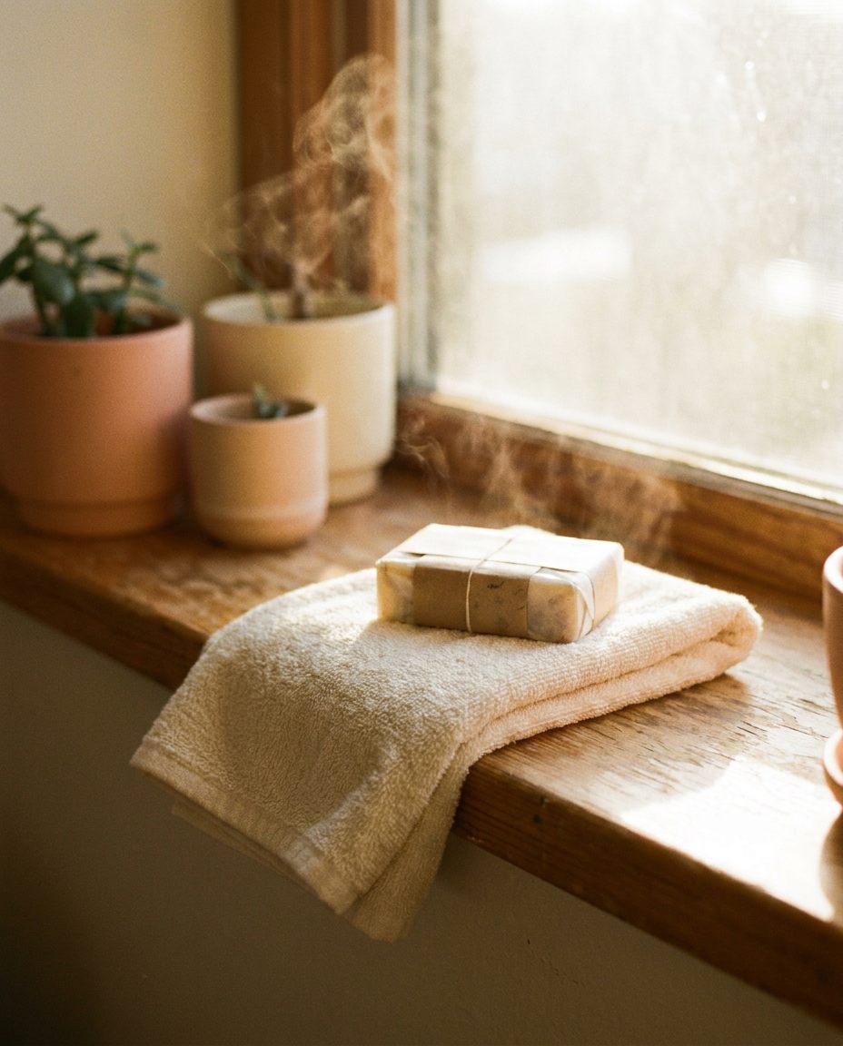A clean folded towel and a fresh bar of soap on a sunlit windowsill.