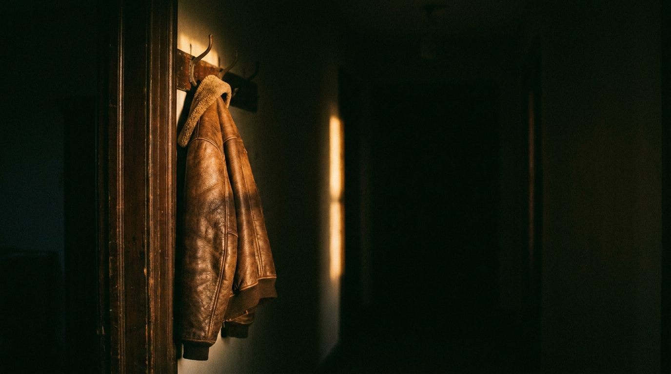 A worn leather work jacket on a hook in a dim hallway, caught in a shaft of late light.