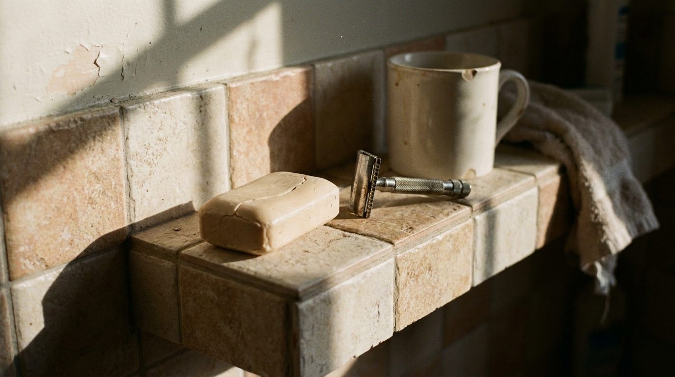 Morning light across a weathered shelf — a worn bar of soap and an old safety razor.