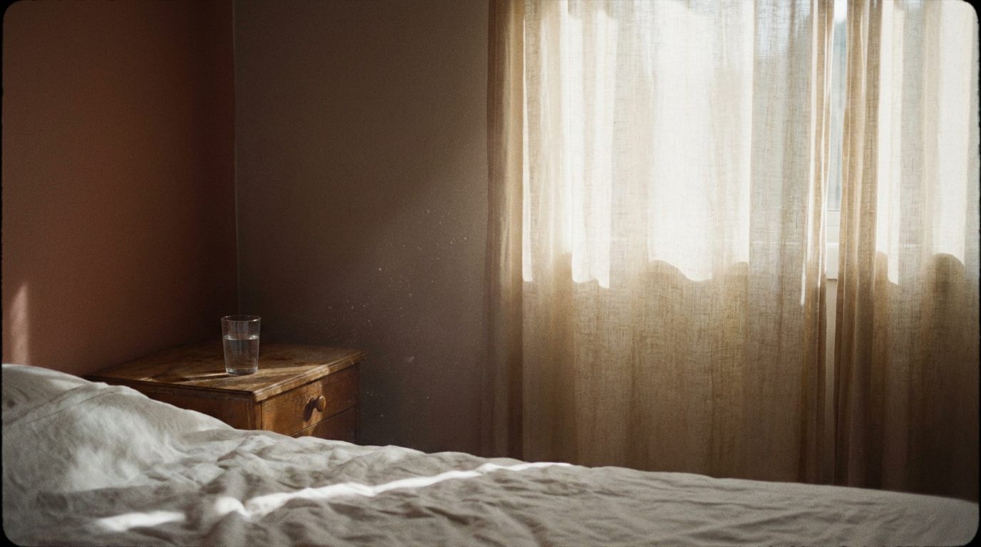 Morning light through a sheer curtain across rumpled bed linen and a glass of water on a nightstand.